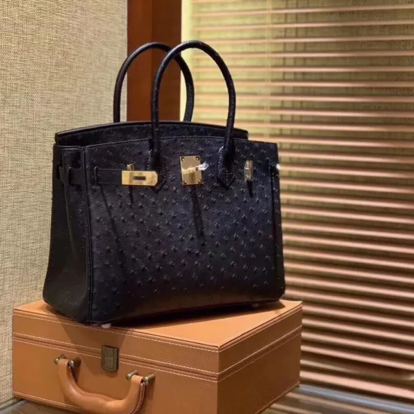 black ostrich leather birkin bag front view