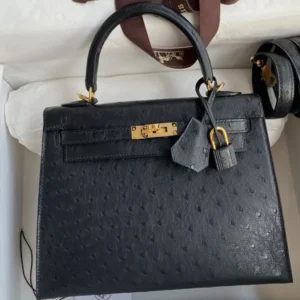 Ostrich Leather black kelly bag for girls front pic