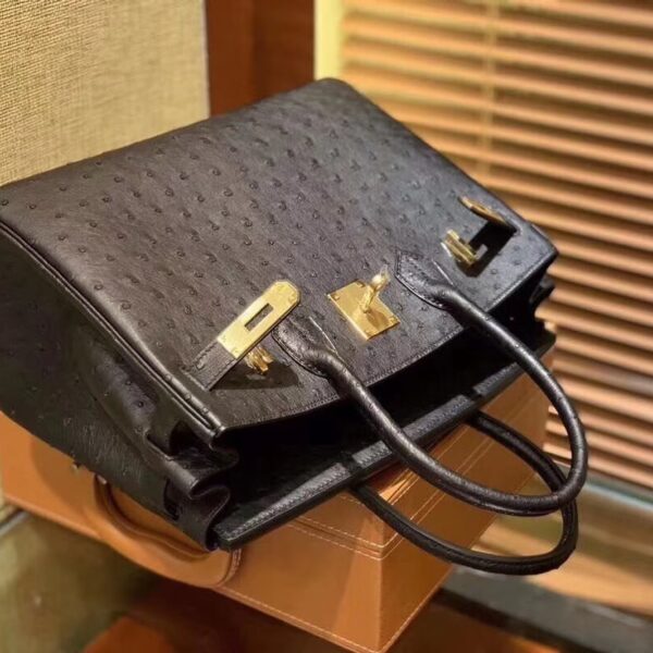 black ostrich leather birkin bag front pic