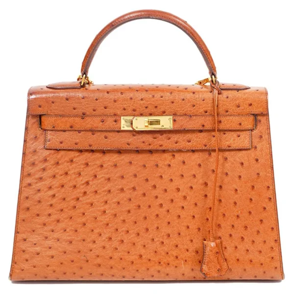 Brown Ostrich Leather Kelly Bag Front View| Buy online at best price in UAE