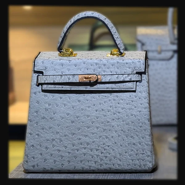 Grey Ostrich Leather Kelly Bag Front View| Buy online at best price in UAE